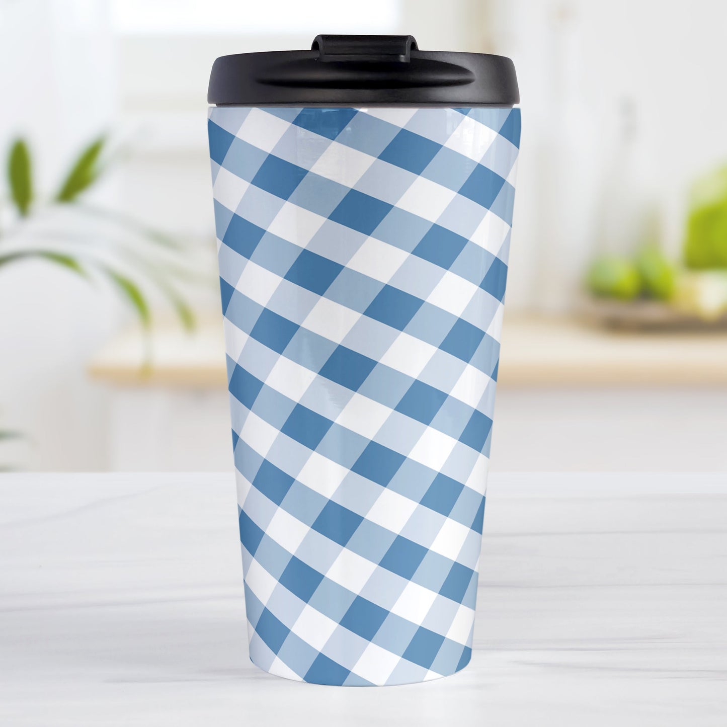 Blue Gingham Travel Mug (15oz, stainless steel insulated) at Amy's Coffee Mugs