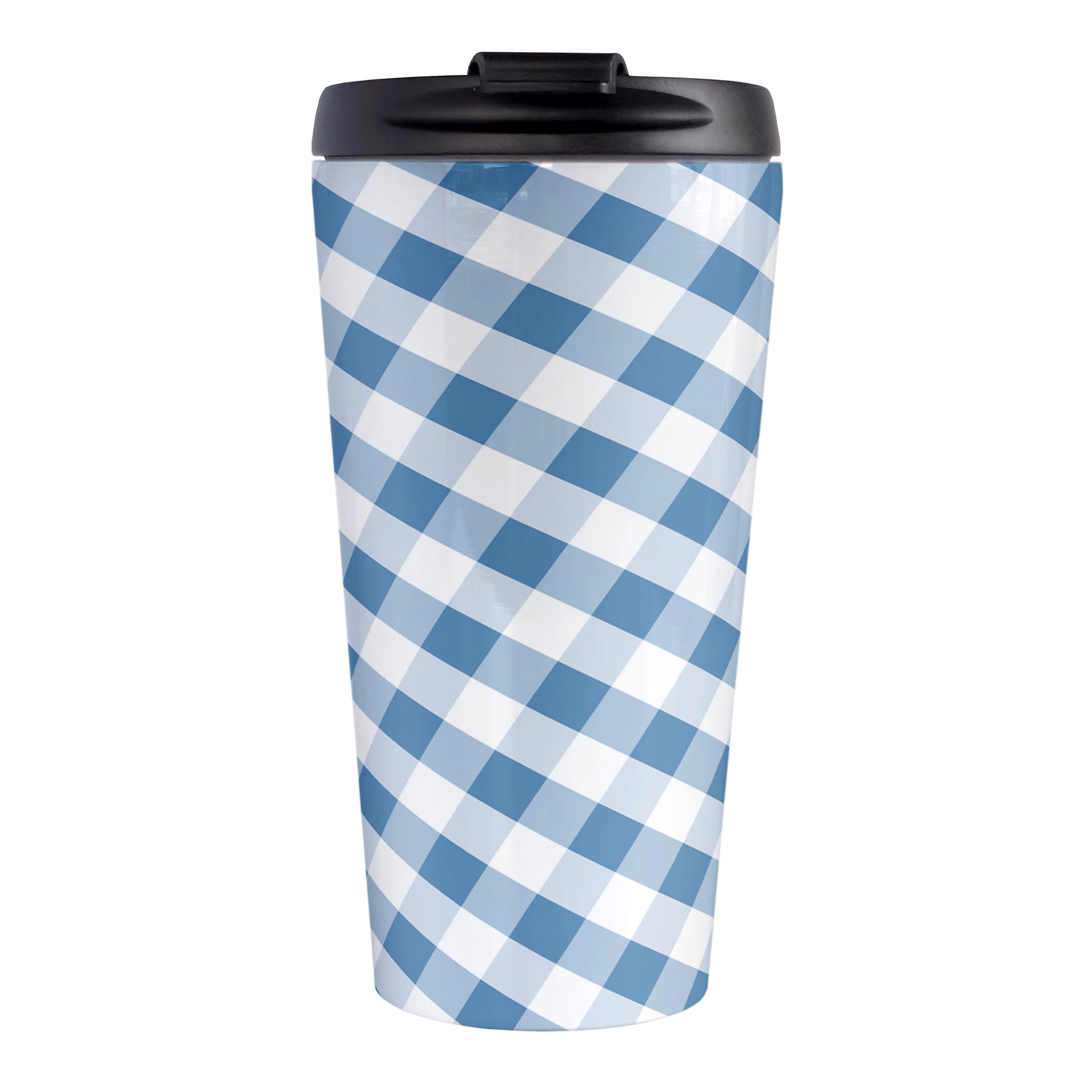 Blue Gingham Travel Mug (15oz, stainless steel insulated) at Amy's Coffee Mugs. A travel mug designed with a slanted blue and white gingham pattern that wraps around the mug.