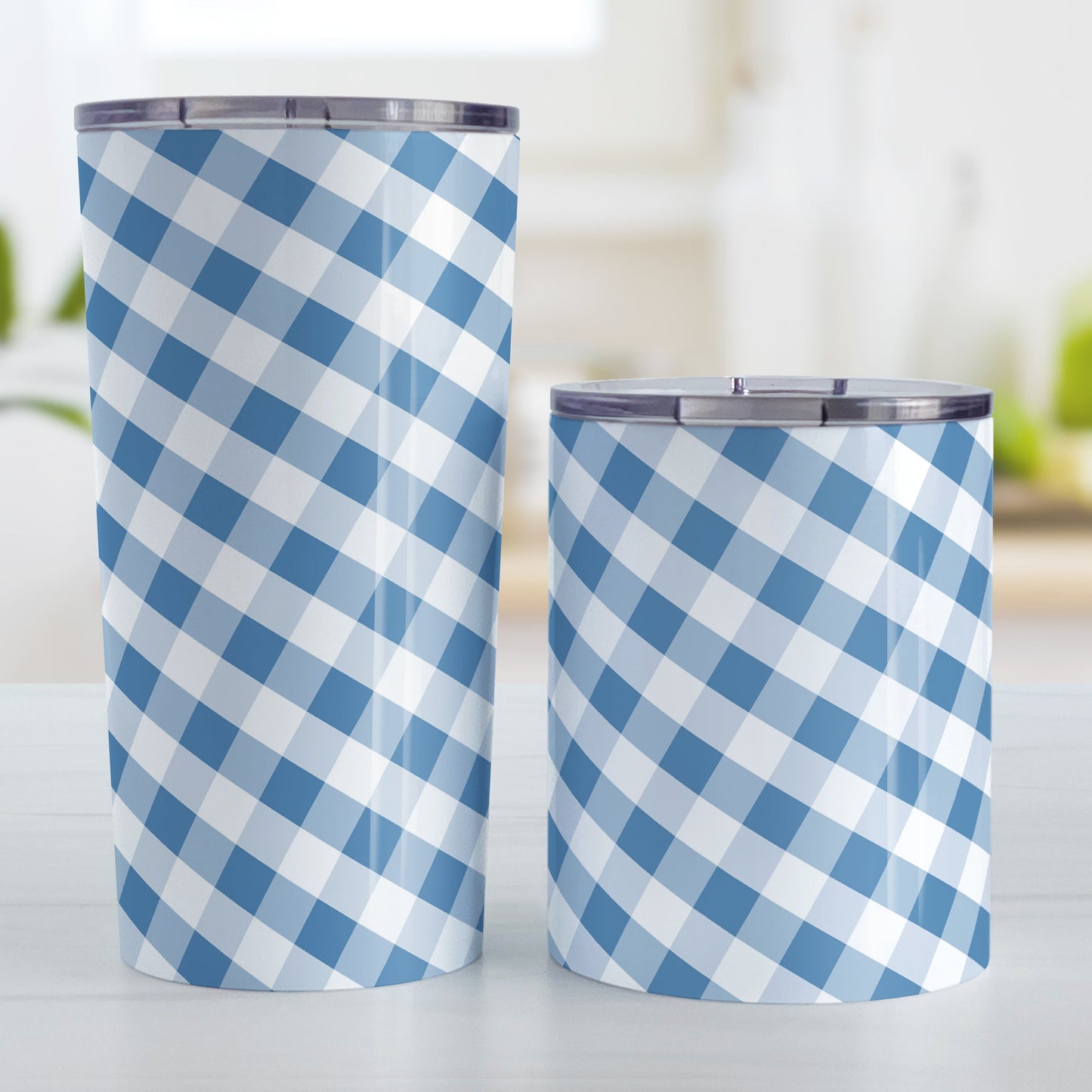 Blue Gingham Tumbler Cup (20oz and 10oz, stainless steel insulated) at Amy's Coffee Mugs