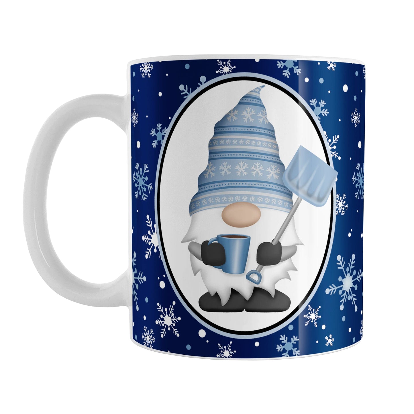 Blue Gnome Snowflakes Mug (11oz) at Amy's Coffee Mugs. A ceramic coffee mug designed with an adorable gnome wearing a festive blue winter hat and holding a hot beverage and a snow shovel in a white oval over a blue night snowflakes background that wraps around the mug to the handle.