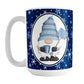 Blue Gnome Snowflakes Mug (15oz) at Amy's Coffee Mugs. A ceramic coffee mug designed with an adorable gnome wearing a festive blue winter hat and holding a hot beverage and a snow shovel in a white oval over a blue night snowflakes background that wraps around the mug to the handle.