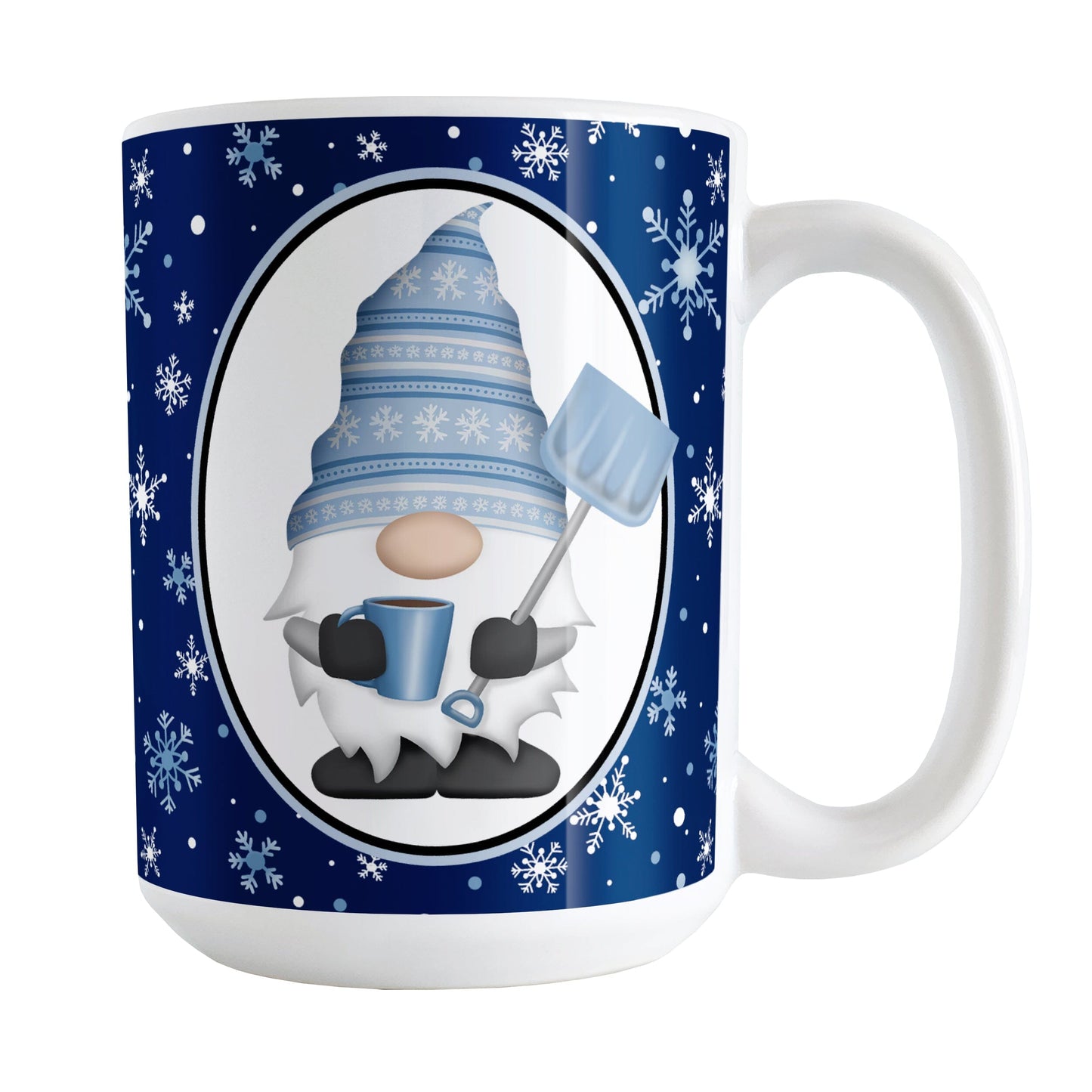 Blue Gnome Snowflakes Mug (15oz) at Amy's Coffee Mugs. A ceramic coffee mug designed with an adorable gnome wearing a festive blue winter hat and holding a hot beverage and a snow shovel in a white oval over a blue night snowflakes background that wraps around the mug to the handle.