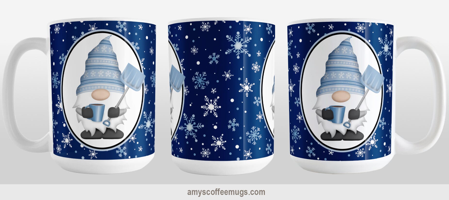 Blue Gnome Snowflakes Mug (15oz) at Amy's Coffee Mugs. A ceramic coffee mug designed with an adorable gnome wearing a festive blue winter hat and holding a hot beverage and a snow shovel in a white oval over a blue night snowflakes background that wraps around the mug to the handle. Photo shows 3 sides of the mug to view the entire printed design.