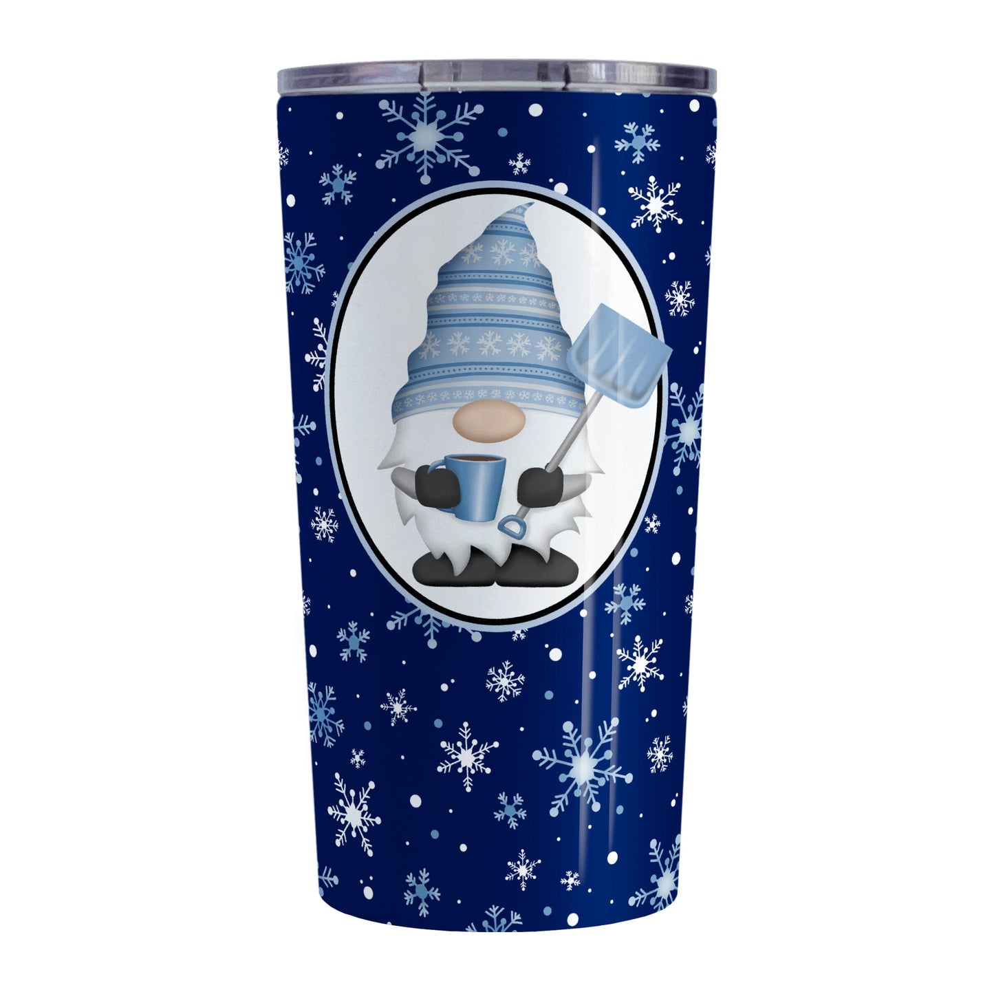 Blue Gnome Snowflakes Tumbler Cup (20oz) at Amy's Coffee Mugs. A stainless steel tumbler cup designed with an adorable gnome wearing a festive blue winter hat and holding a hot beverage and a snow shovel in a white oval over a blue night snowflakes background that wraps around the cup.