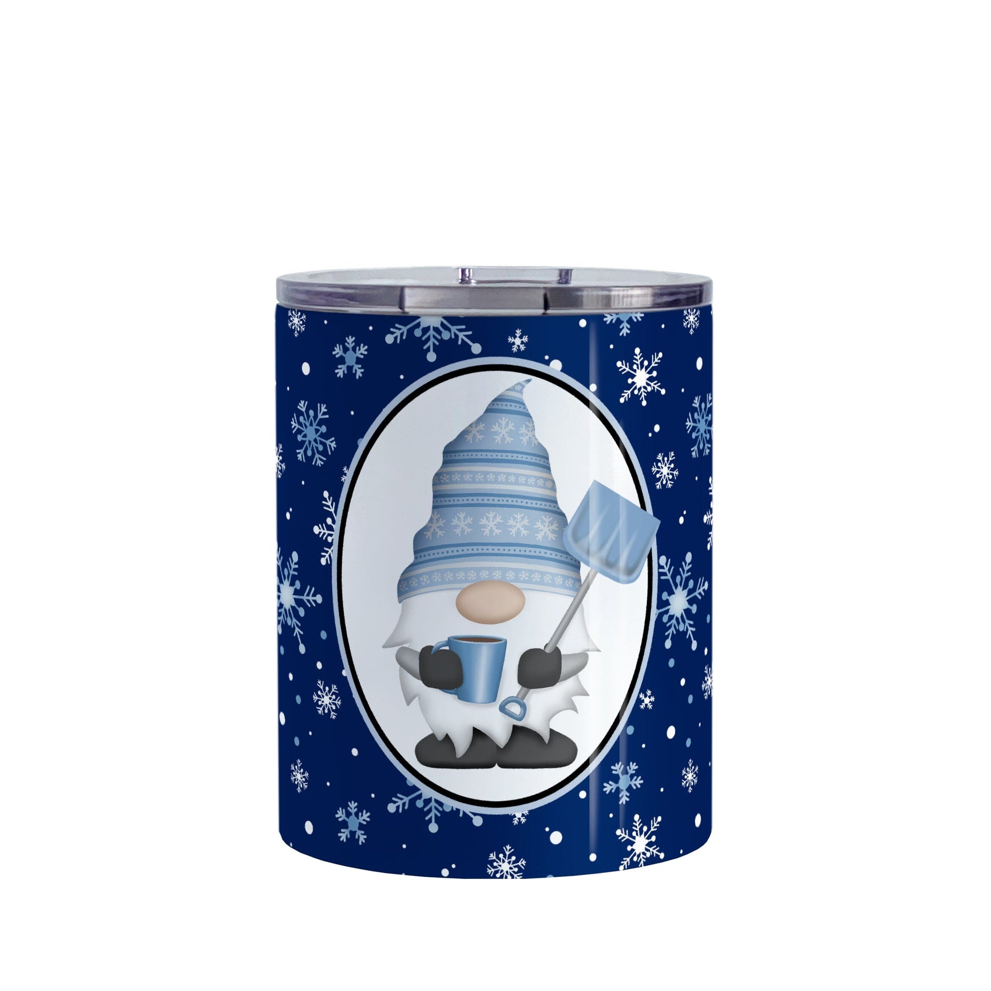 Blue Gnome Snowflakes Tumbler Cup (10oz) at Amy's Coffee Mugs. A stainless steel tumbler cup designed with an adorable gnome wearing a festive blue winter hat and holding a hot beverage and a snow shovel in a white oval over a blue night snowflakes background that wraps around the cup.