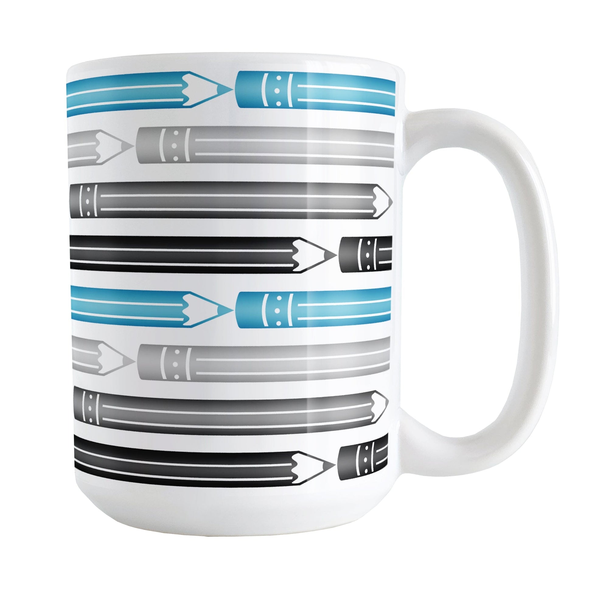 Blue Gray Black Pencils Pattern Mug (15oz) at Amy's Coffee Mugs. A ceramic coffee mug designed with a horizontal pencils in blue, gray, and black, stacked in a pattern that wraps around the mug to the handle.