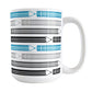 Blue Gray Black Pencils Pattern Mug (15oz) at Amy's Coffee Mugs. A ceramic coffee mug designed with horizontal pencils in blue, gray, and black, stacked in a pattern that wraps around the mug to the handle.