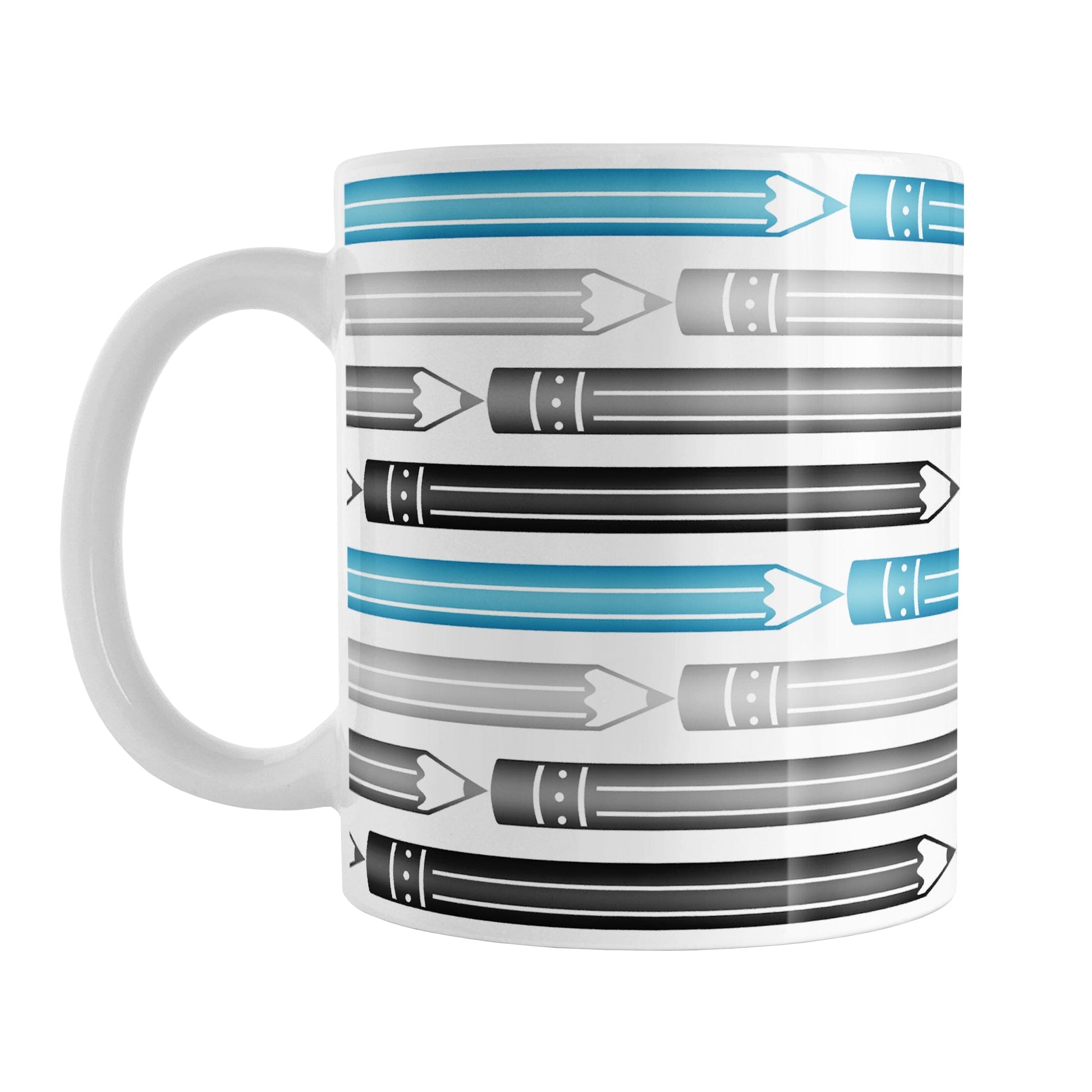 Blue Gray Black Pencils Pattern Mug (11oz) at Amy's Coffee Mugs. A ceramic coffee mug designed with horizontal pencils in blue, gray, and black, stacked in a pattern that wraps around the mug to the handle.