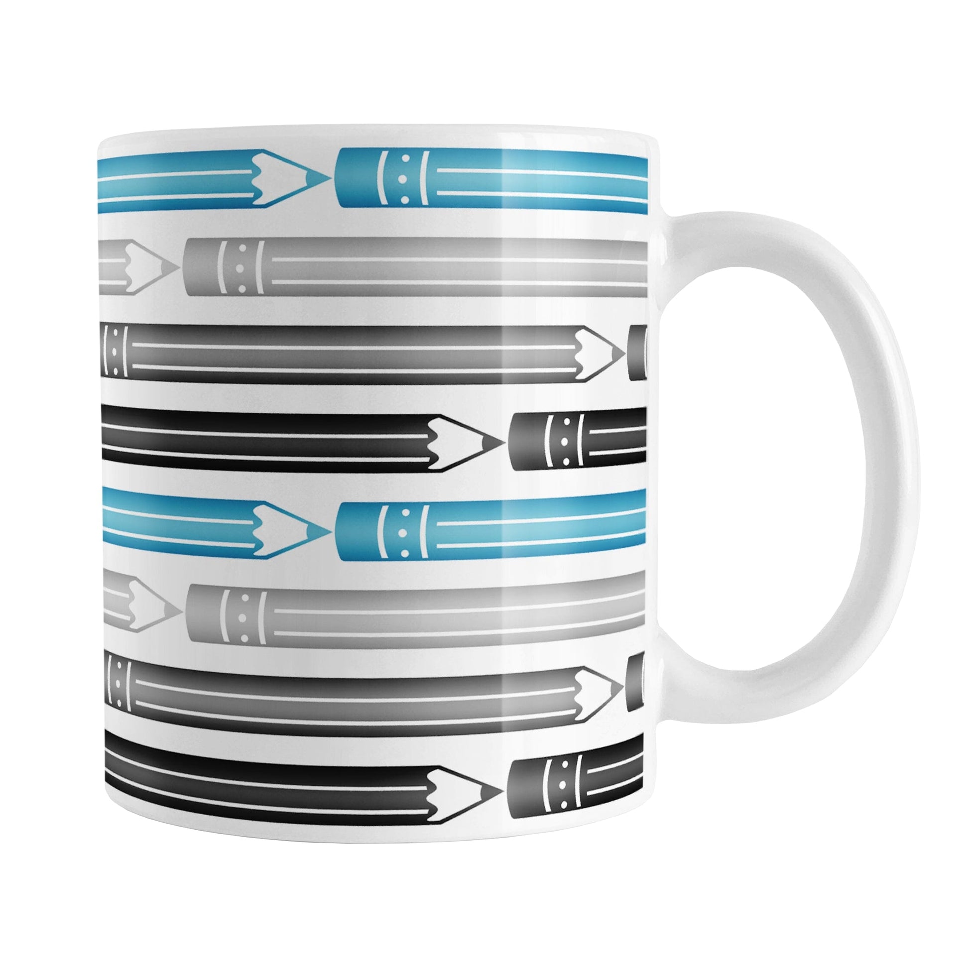 Blue Gray Black Pencils Pattern Mug (11oz) at Amy's Coffee Mugs. A ceramic coffee mug designed with a horizontal pencils in blue, gray, and black, stacked in a pattern that wraps around the mug to the handle.