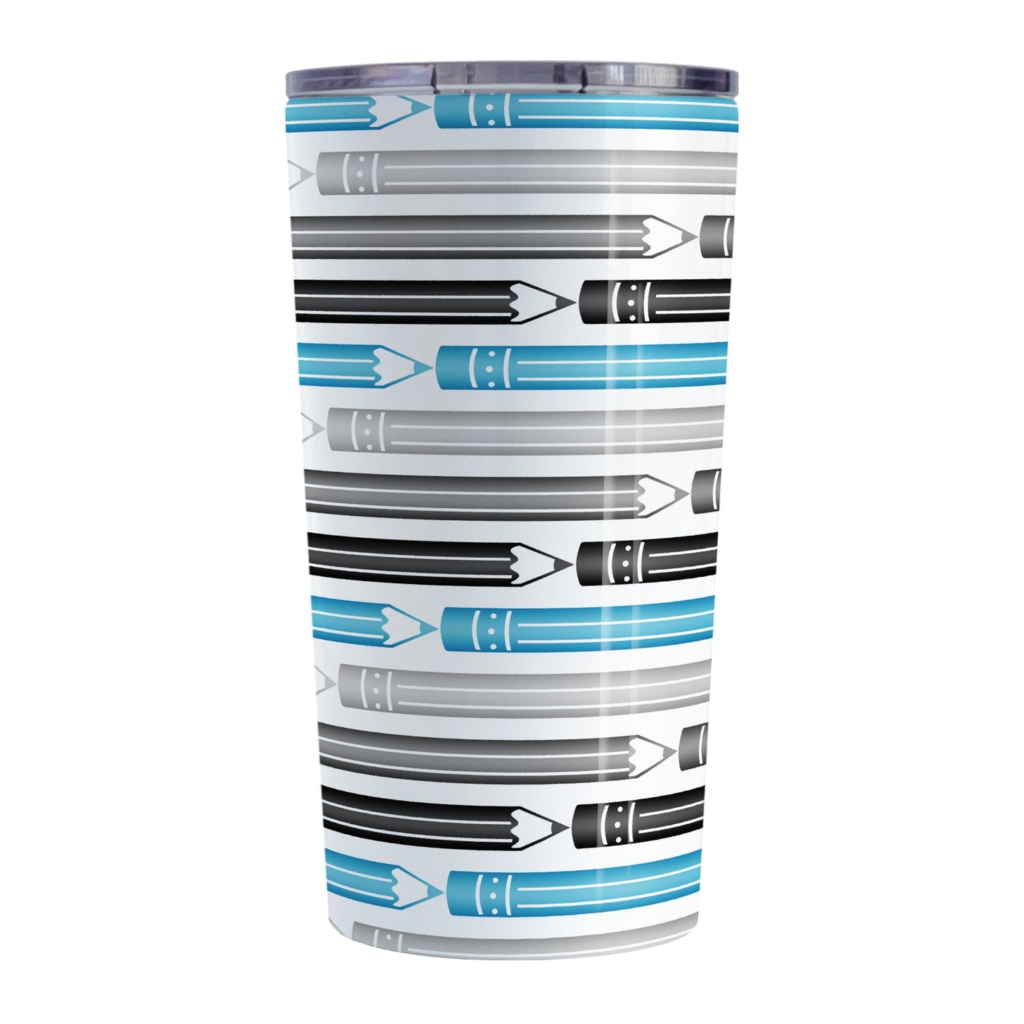 Blue Gray Black Pencils Pattern Tumbler Cup (20oz) at Amy's Coffee Mugs. A stainless steel tumbler cup designed with a horizontal pencils in blue, gray, and black, stacked in a pattern that wraps around the cup.