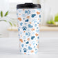 Blue Hearts and Paw Prints Travel Mug (15oz) at Amy's Coffee Mugs. A stainless steel travel mug designed with a pattern of hearts and paw prints in orange and different shades of blue that wraps around the mug. This travel mug is perfect for people love dogs and cute paw print designs.