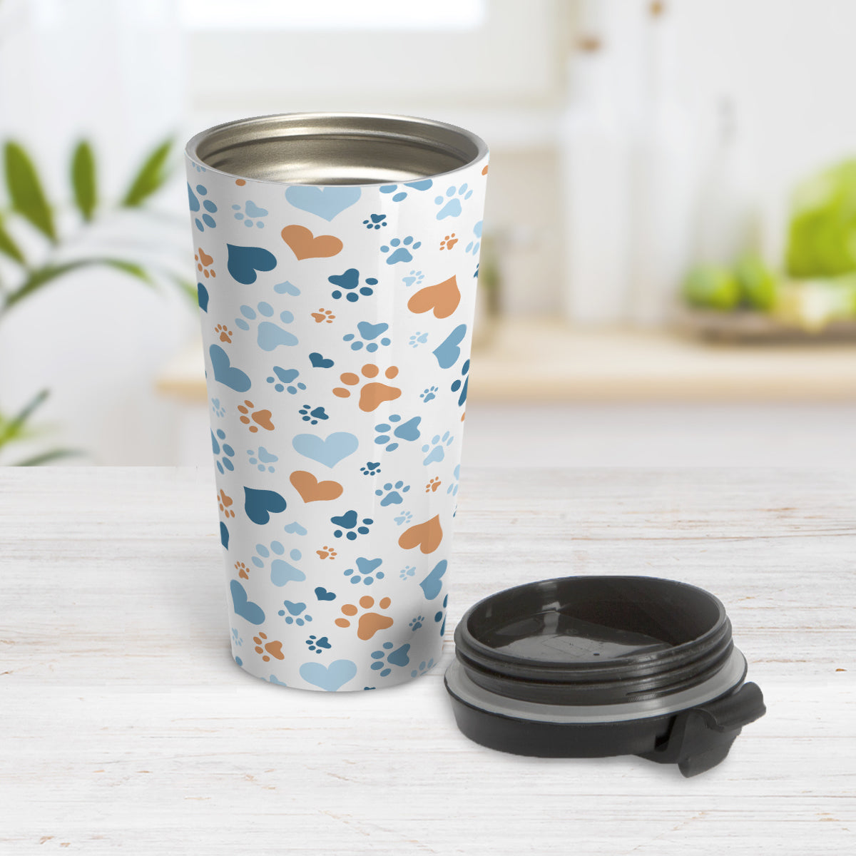 Blue Hearts and Paw Prints Travel Mug – Amy's Coffee Mugs