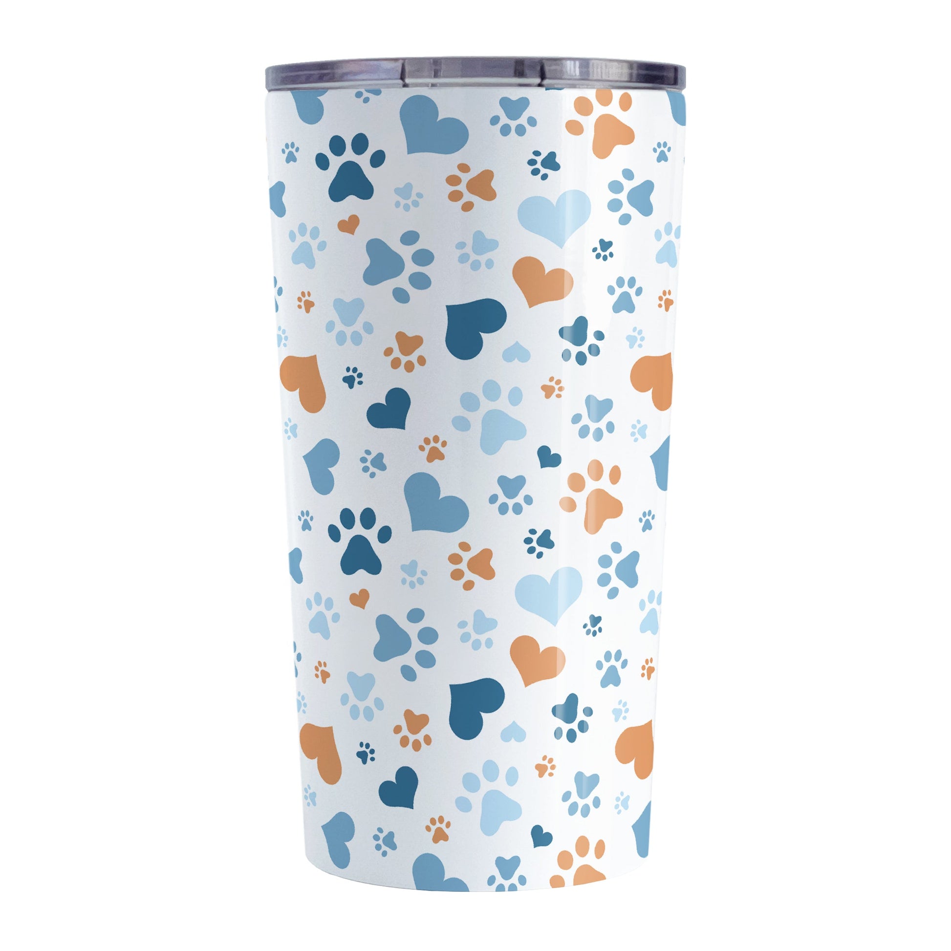 Blue Hearts and Paw Prints Tumbler Cup (20oz) at Amy's Coffee Mugs. A stainless steel insulated tumbler cup designed with a pattern of hearts and paw prints in orange and different shades of blue that wraps around the cup. This tumbler cup is perfect for people love dogs and cute paw print designs.