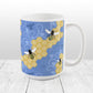 Blue Honeycomb Bee Mug at Amy's Coffee Mugs. A ceramic coffee mug designed with a pattern of black and yellow bees on honeycomb lines over a blue flourish background that wraps around the mug to the handle.