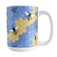 Blue Honeycomb Bee Mug (15oz) at Amy's Coffee Mugs. A ceramic coffee mug designed with a pattern of black and yellow bees on honeycomb lines over a blue flourish background that wraps around the mug to the handle.