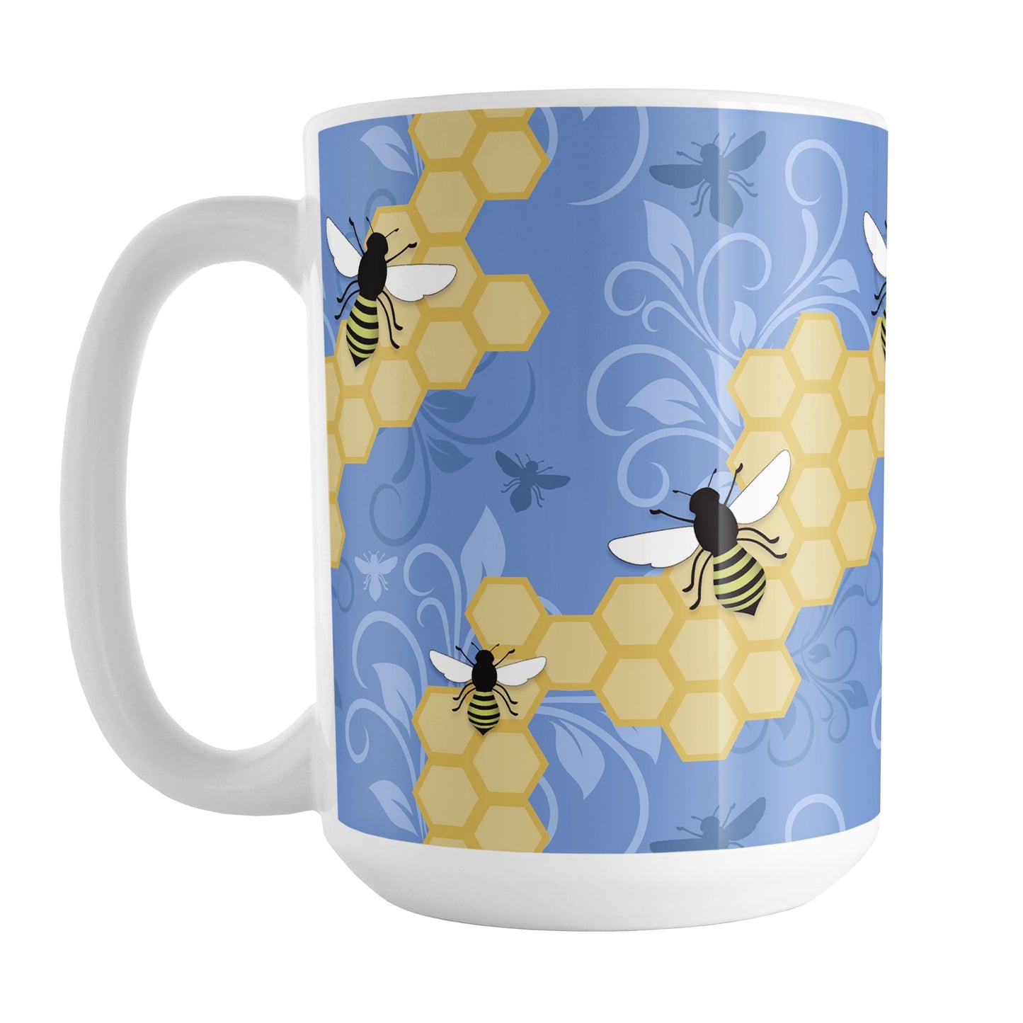 Blue Honeycomb Bee Mug (15oz) at Amy's Coffee Mugs. A ceramic coffee mug designed with a pattern of black and yellow bees on honeycomb lines over a blue flourish background that wraps around the mug to the handle.