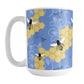 Blue Honeycomb Bee Mug (15oz) at Amy's Coffee Mugs. A ceramic coffee mug designed with a pattern of black and yellow bees on honeycomb lines over a blue flourish background that wraps around the mug to the handle.