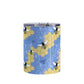 Blue Honeycomb Bee Tumbler Cup (10oz, stainless steel insulated) at Amy's Coffee Mugs. A tumbler cup designed with a pattern of black and yellow bees on honeycomb lines over a blue flourish background that wraps around the cup.