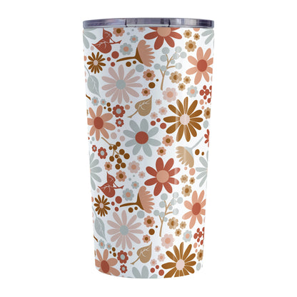 Boho Summer Flowers Tumbler Cup (20oz, stainless steel insulated) at Amy's Coffee Mugs. A tumbler cup designed with flowers and leaves in soothing desert boho colors in a pretty floral pattern that wraps around the cup.