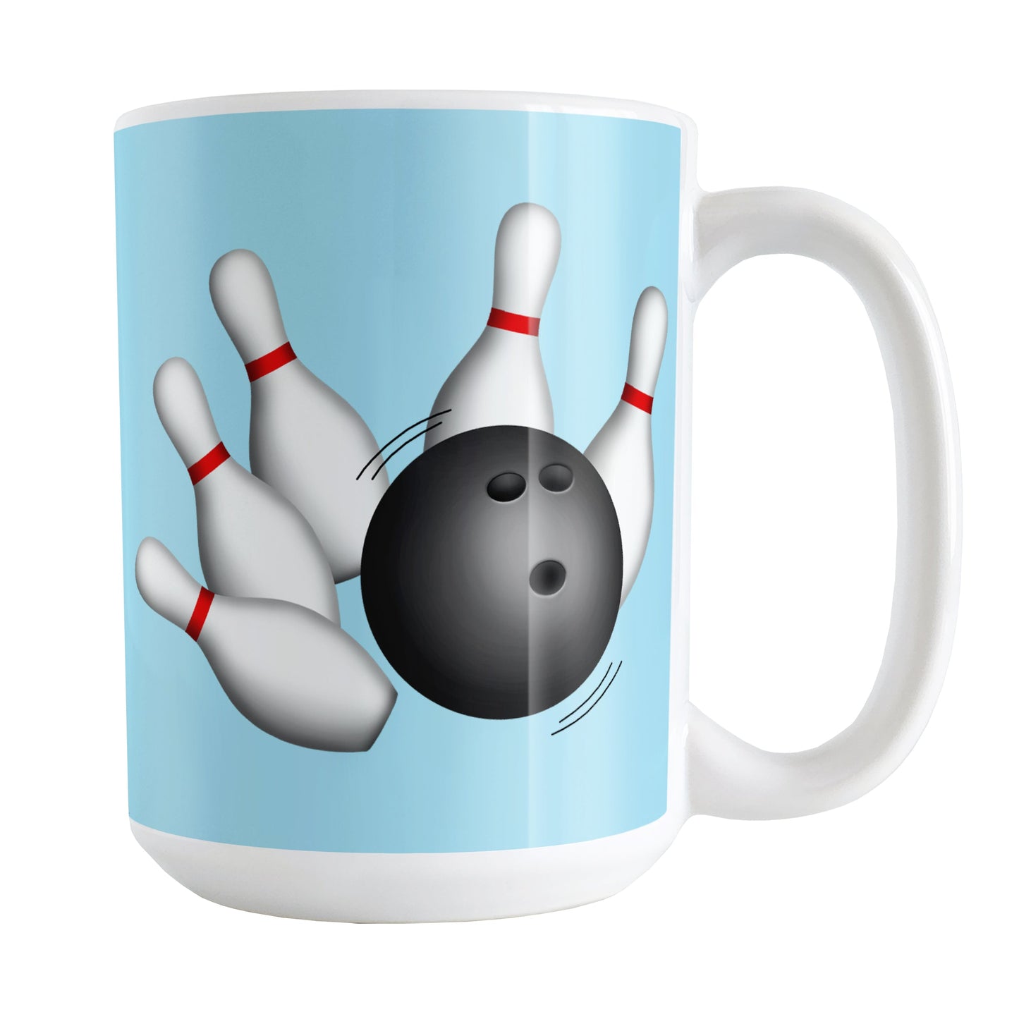 Bowling Ball and Pins Blue Bowling Mug (15oz) at Amy's Coffee Mugs. A ceramic coffee mug designed with an illustration of a bowling ball striking bowling pins on both sides of the mug over a light blue background color that wraps around the mug up to the handle.