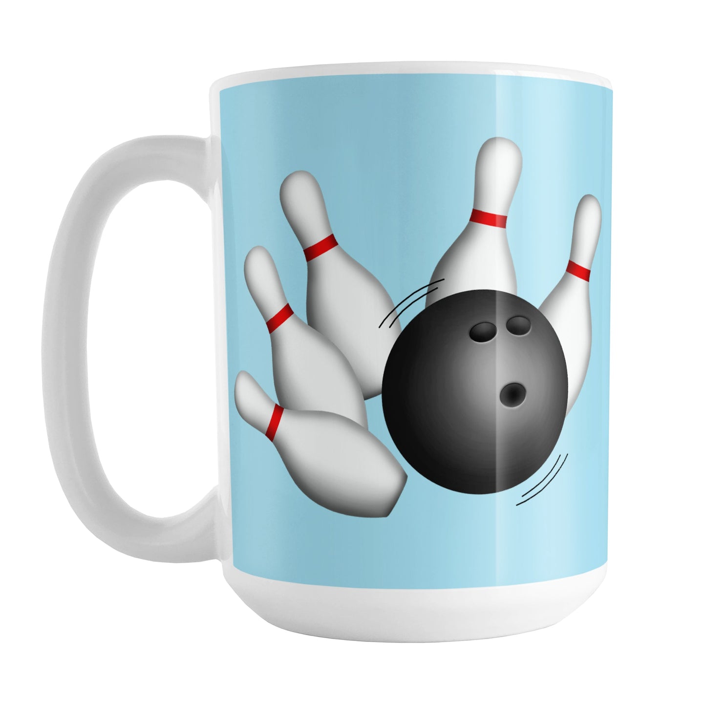 Bowling Ball and Pins Blue Bowling Mug (15oz) at Amy's Coffee Mugs. A ceramic coffee mug designed with an illustration of a bowling ball striking bowling pins on both sides of the mug over a light blue background color that wraps around the mug up to the handle.