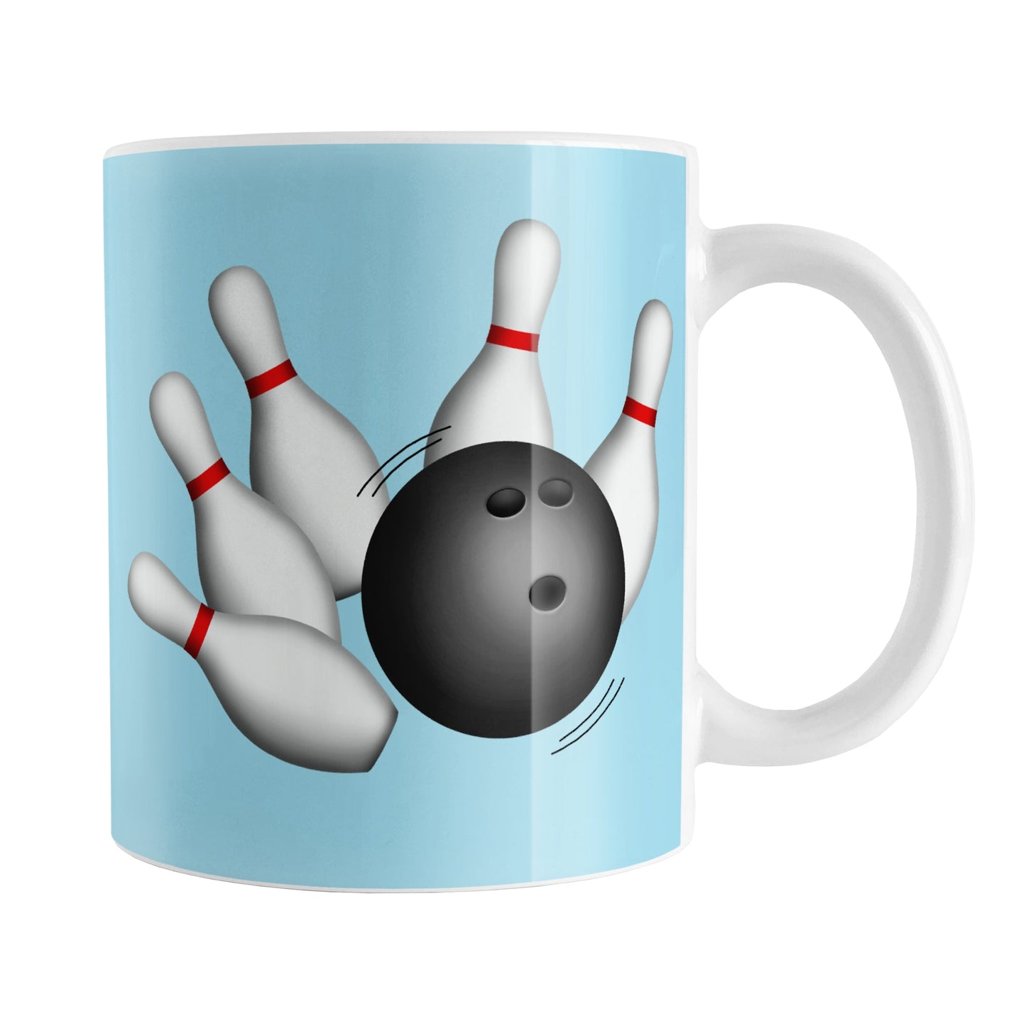 Bowling Ball and Pins Blue Bowling Mug (11oz) at Amy's Coffee Mugs. A ceramic coffee mug designed with an illustration of a bowling ball striking bowling pins on both sides of the mug over a light blue background color that wraps around the mug up to the handle.