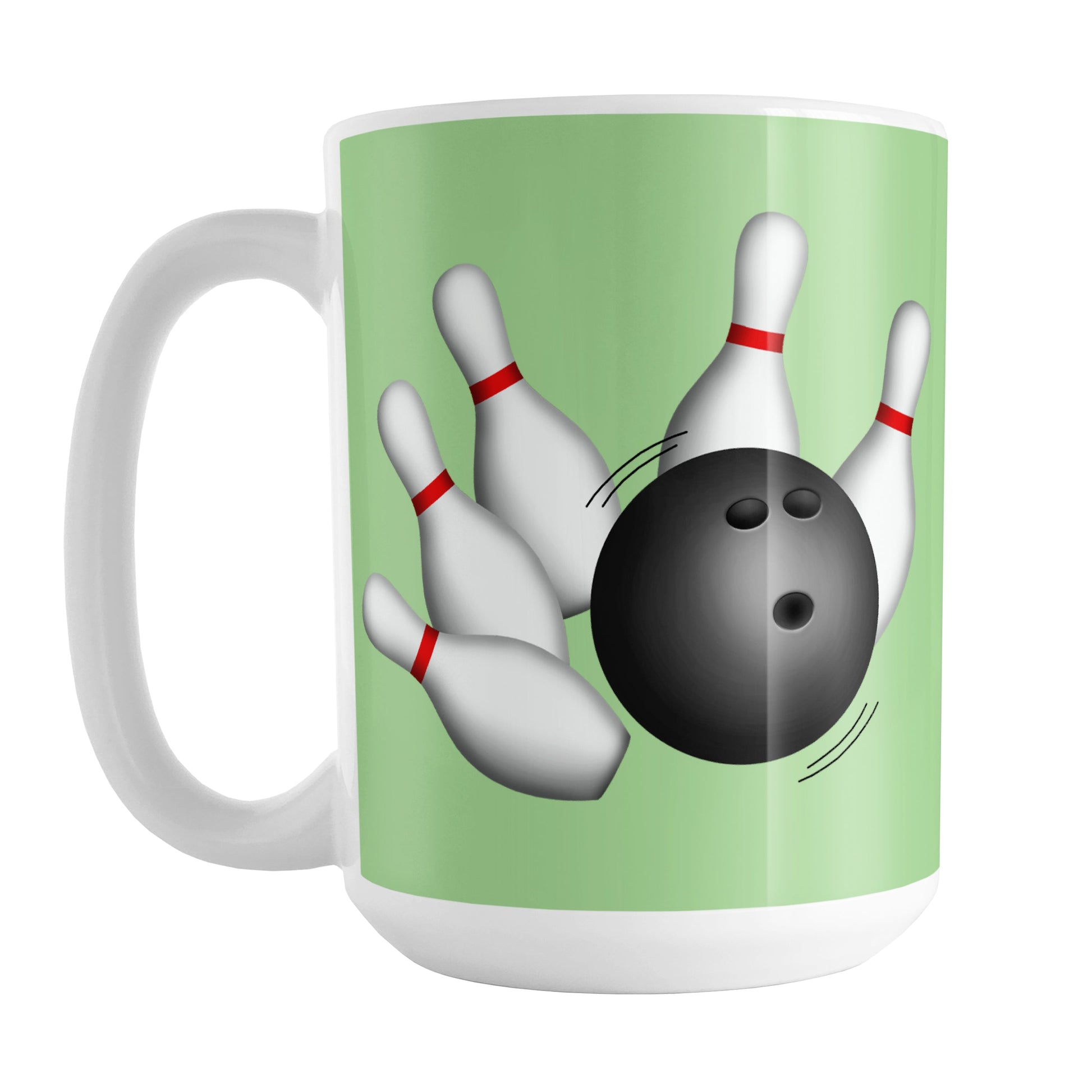 Bowling Ball and Pins Green Bowling Mug (15oz) at Amy's Coffee Mugs. A ceramic coffee mug designed with an illustration of a bowling ball striking bowling pins on both sides of the mug over a green background color that wraps around the mug up to the handle.