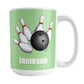 Bowling Ball and Pins Green - Personalized Bowling Mug (15oz) at Amy's Coffee Mugs