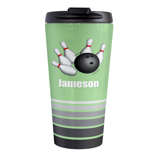 Bowling Ball and Pins Green - Personalized Bowling Travel Mug (15oz, stainless steel insulated) at Amy's Coffee Mugs