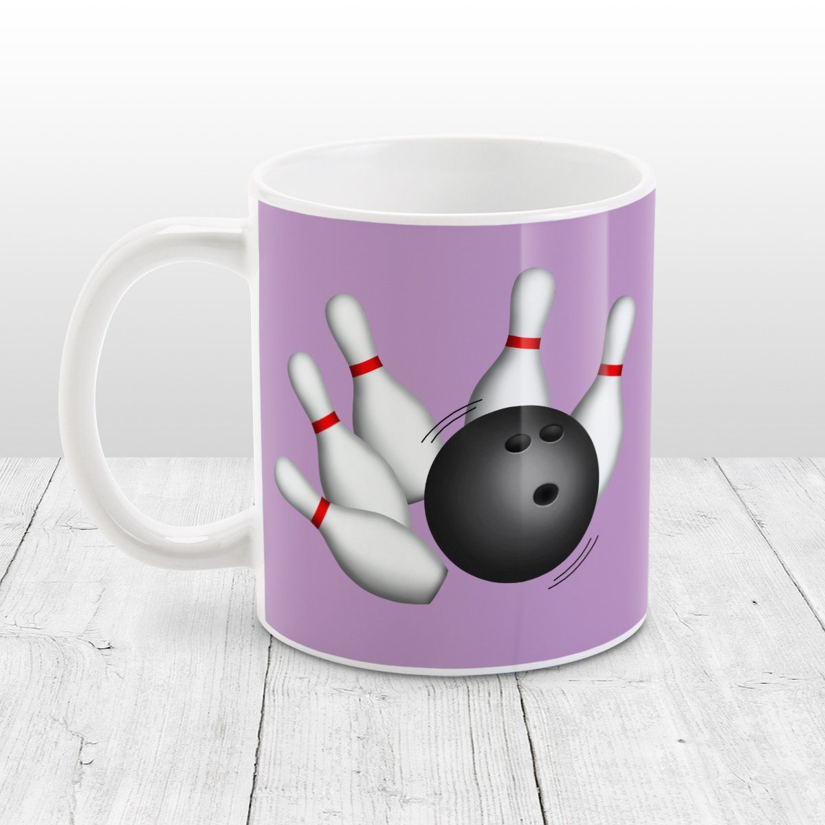 Bowling Ball and Pins Purple Bowling Mug at Amy's Coffee Mugs