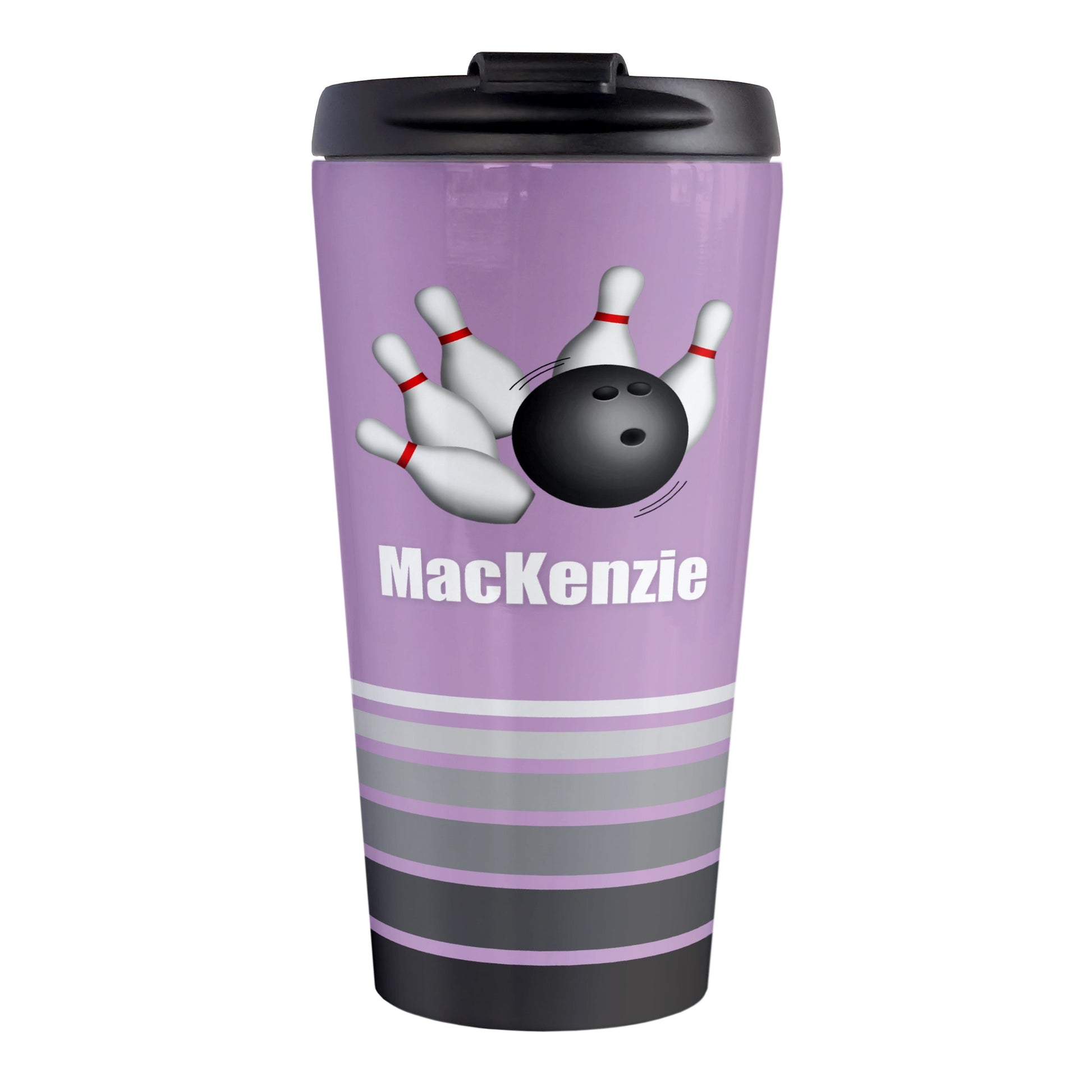 Bowling Ball and Pins Purple - Personalized Bowling Travel Mug (15oz, stainless steel insulated) at Amy's Coffee Mugs