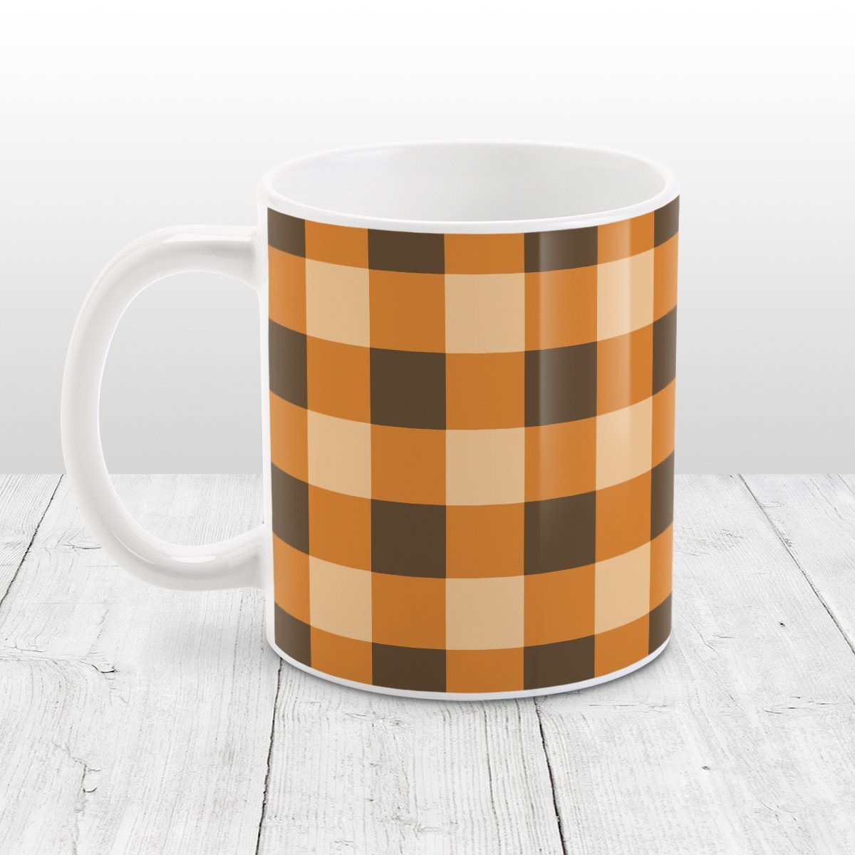 Brown and Orange Fall Buffalo Plaid Mug at Amy's Coffee Mugs