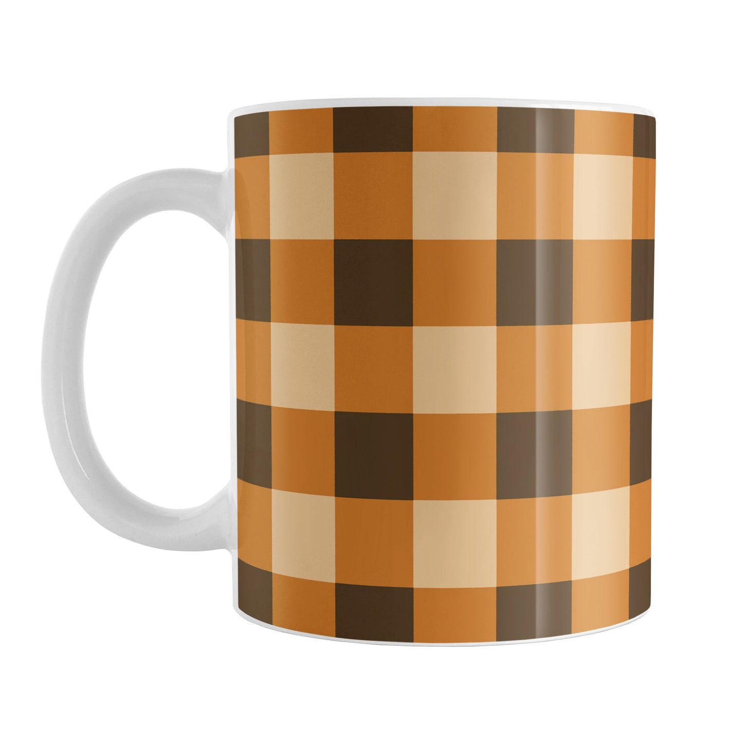 Brown and Orange Fall Buffalo Plaid Mug (11oz) at Amy's Coffee Mugs. A ceramic coffee mug designed with a fall-inspired buffalo plaid (buffalo check) pattern in brown, orange, and beige. This pattern wraps around the mug up to the handle.