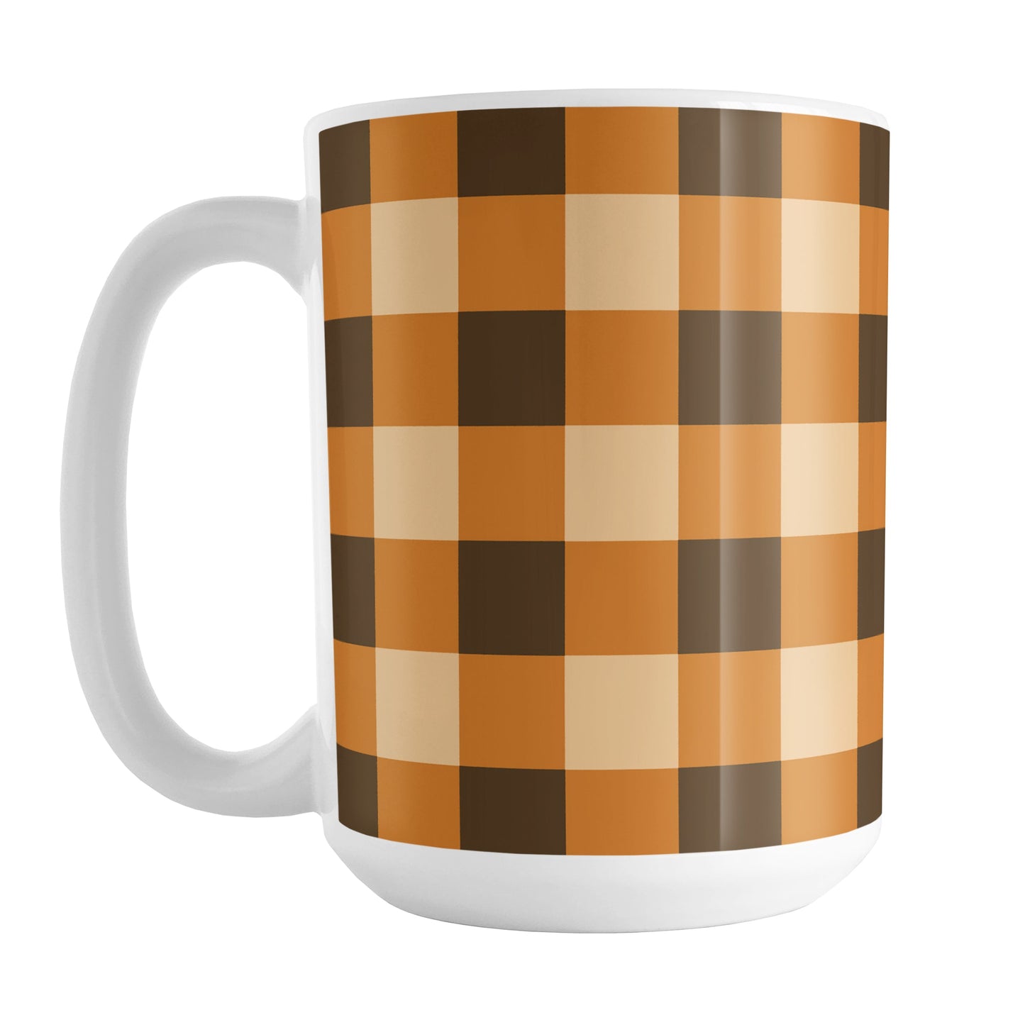 Brown and Orange Fall Buffalo Plaid Mug (15oz) at Amy's Coffee Mugs. A ceramic coffee mug designed with a fall-inspired buffalo plaid (buffalo check) pattern in brown, orange, and beige. This pattern wraps around the mug up to the handle.