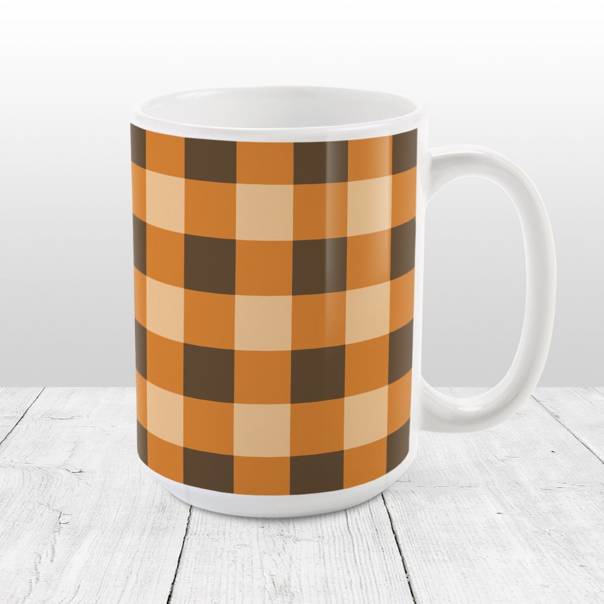 Brown and Orange Fall Buffalo Plaid Mug at Amy's Coffee Mugs