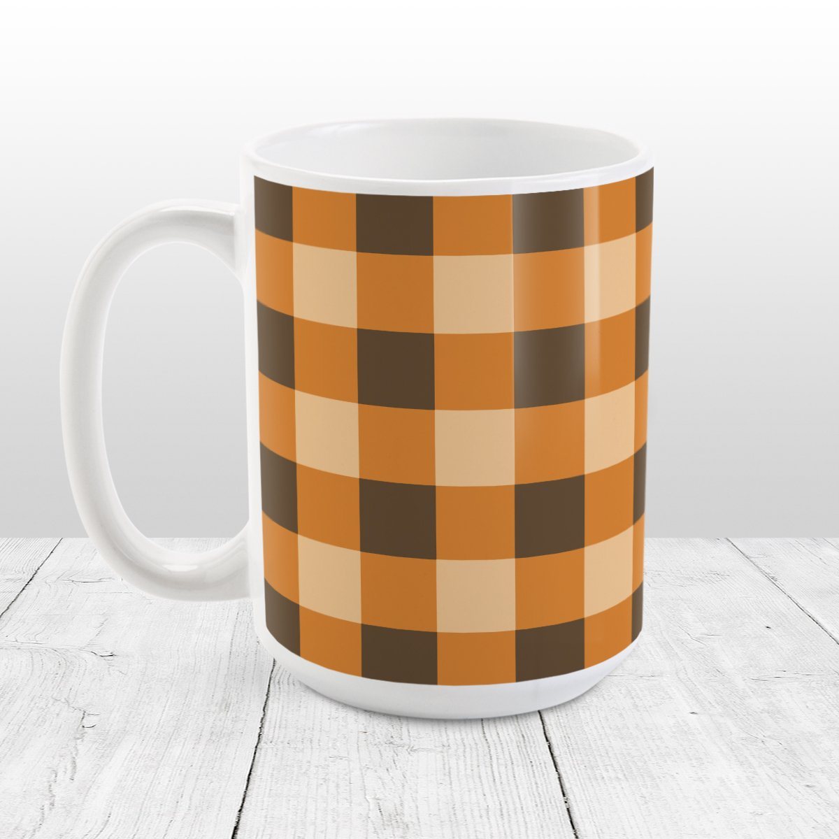 Brown and Orange Fall Buffalo Plaid Mug at Amy's Coffee Mugs