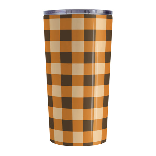 Brown and Orange Fall Buffalo Plaid Tumbler Cup (20oz, stainless steel insulated) at Amy's Coffee Mugs
