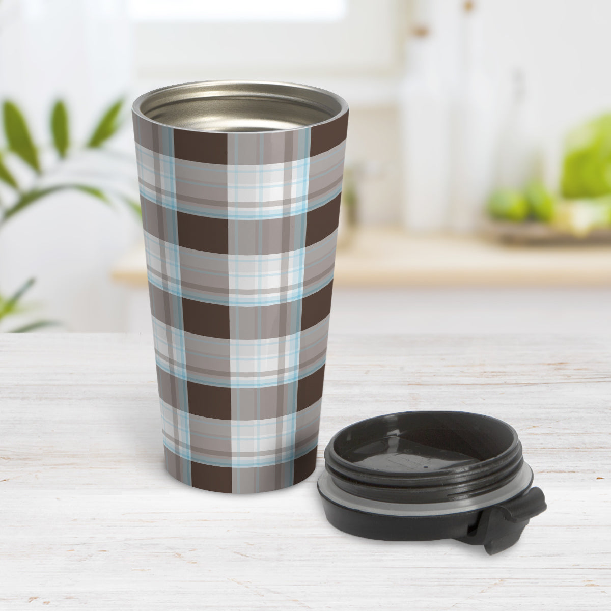 Brown Blue Plaid Travel Mug (15oz, stainless steel insulated) at Amy's Coffee Mugs