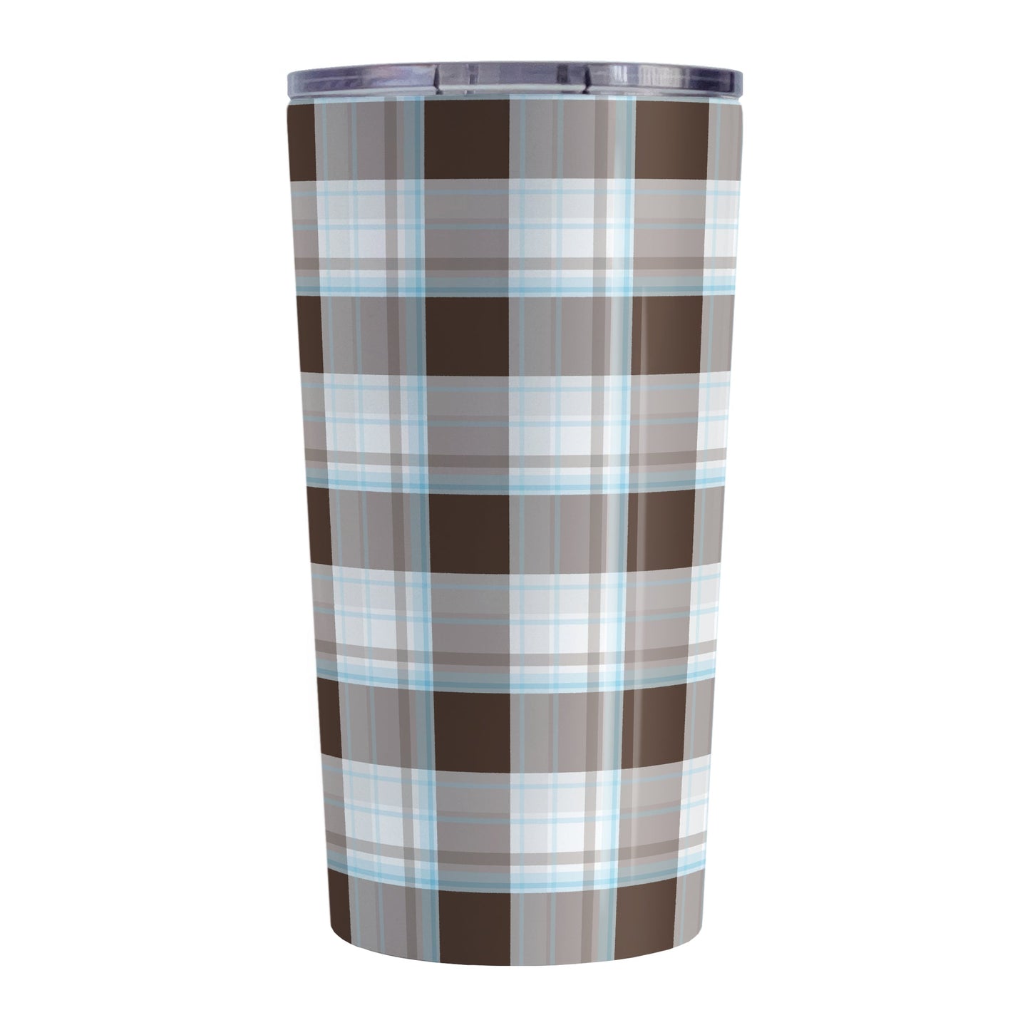 Brown Blue Plaid Tumbler Cup (20oz) at Amy's Coffee Mugs. A stainless steel insulated tumbler cup designed with a brown plaid pattern with blue accents that wraps around the cup. 