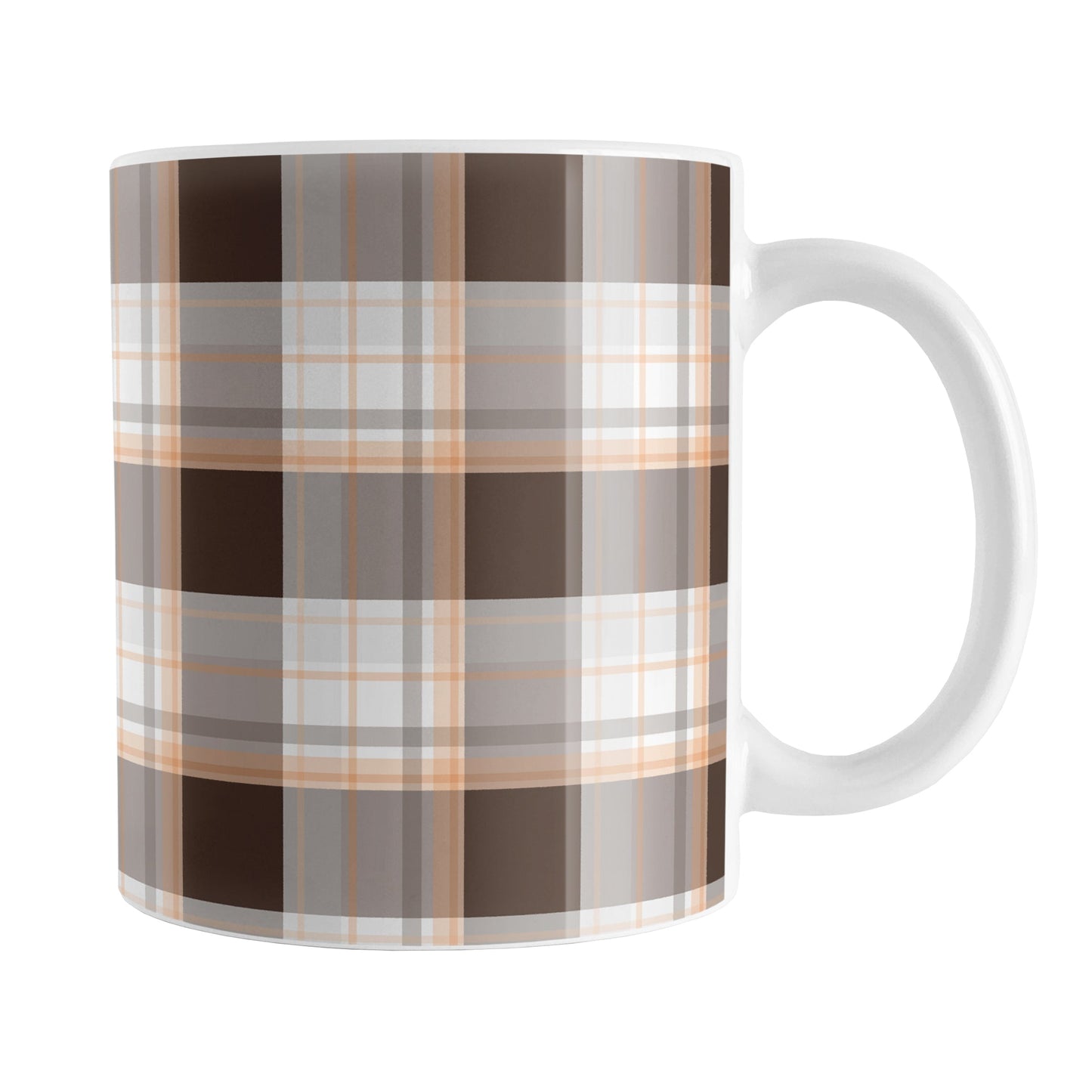 Brown Orange Plaid Mug (11oz) at Amy's Coffee Mugs. A ceramic coffee mug designed with a traditional plaid pattern in varying shades of brown with accents of orange that wraps around the mug up to the handle.