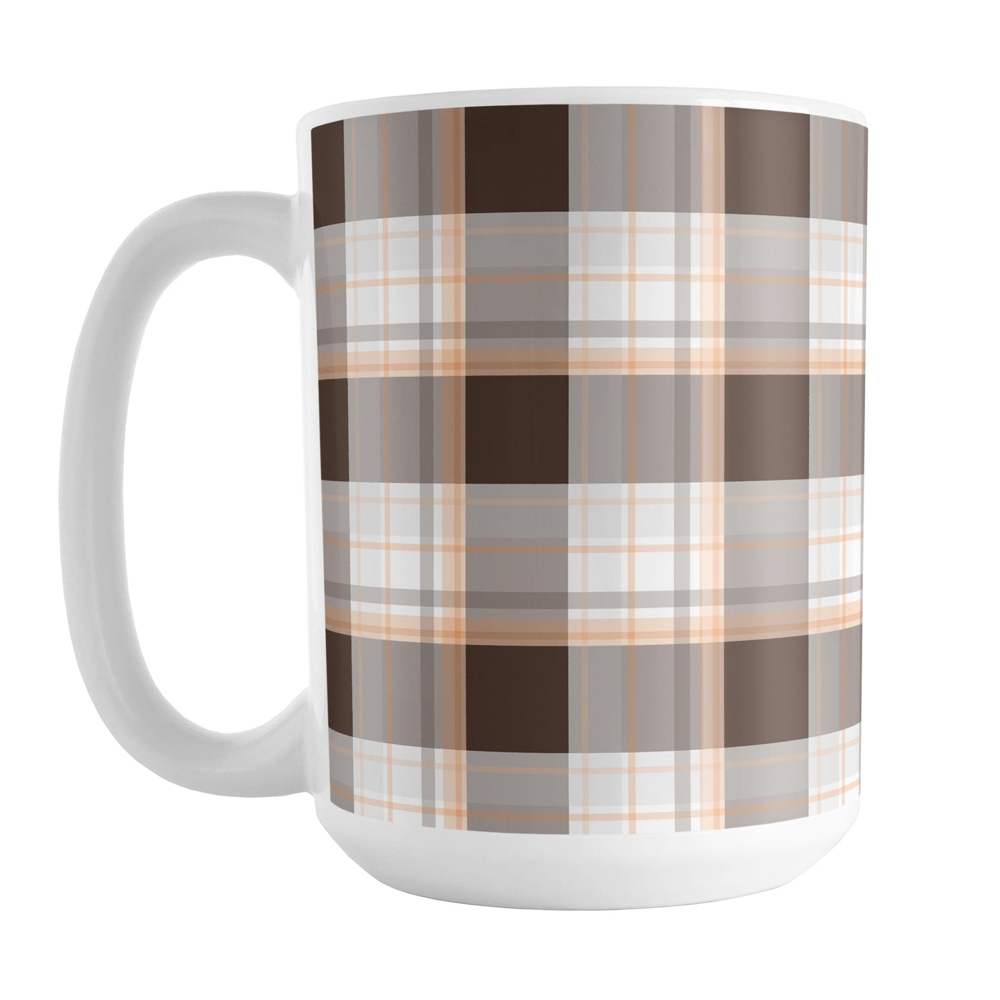 Brown Orange Plaid Mug (15oz) at Amy's Coffee Mugs. A ceramic coffee mug designed with a traditional plaid pattern in varying shades of brown with accents of orange that wraps around the mug up to the handle.