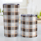 Brown Orange Plaid Tumbler Cup (20oz and 10oz) at Amy's Coffee Mugs. Stainless steel insulated tumbler cups designed with a brown plaid pattern with orange accents that wraps around the cups. Photo shows both sized cups next to each other.