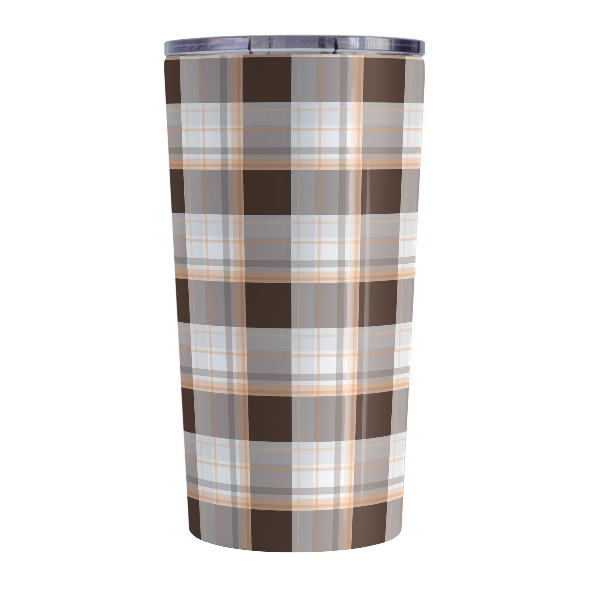 Brown Orange Plaid Tumbler Cup (20oz) at Amy's Coffee Mugs. A stainless steel insulated tumbler cup designed with a brown plaid pattern with orange accents that wraps around the cup. 