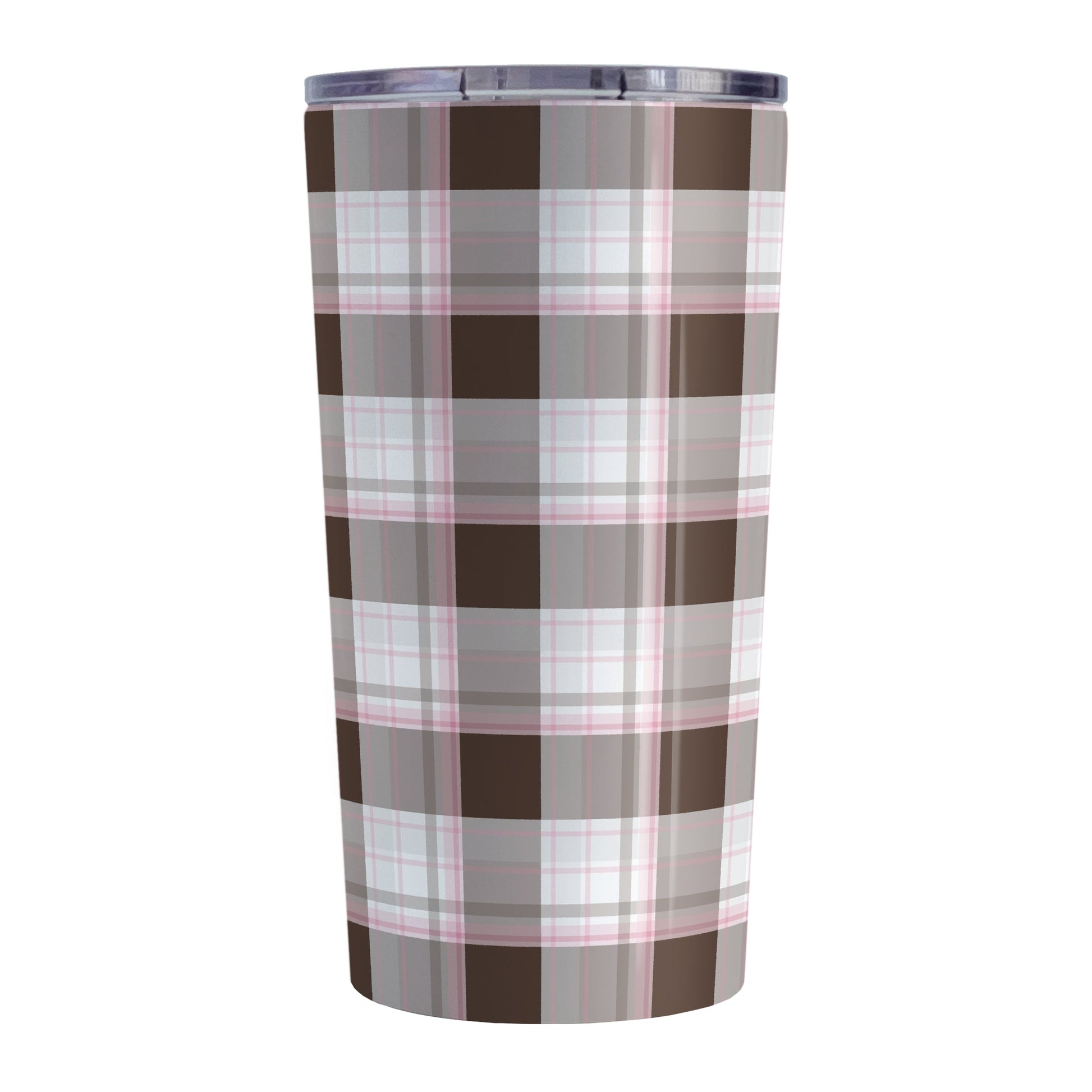 Brown Pink Plaid Tumbler Cup (20oz) at Amy's Coffee Mugs. A stainless steel insulated tumbler cup designed with a brown plaid pattern with pink accents that wraps around the cup. 