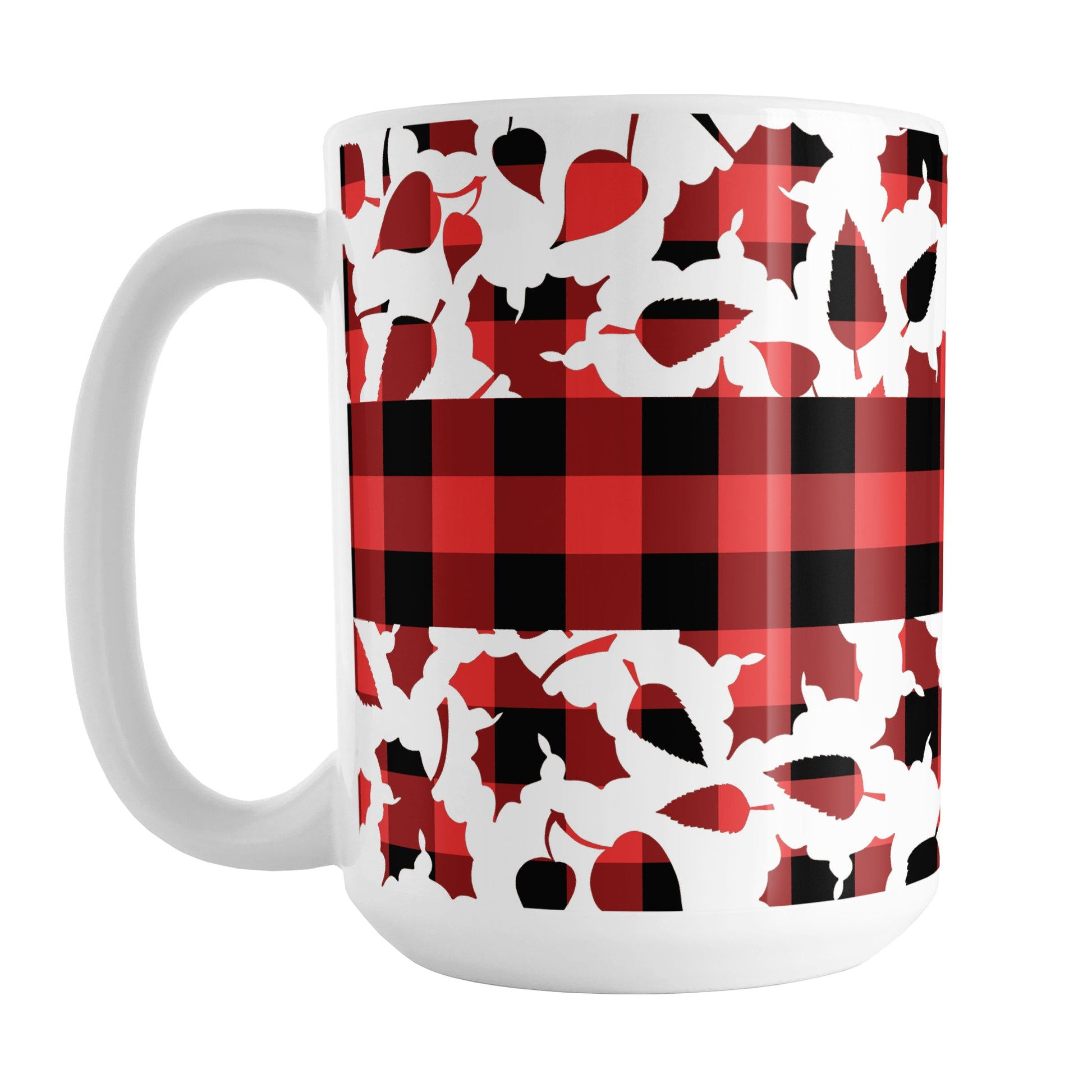 Buffalo Plaid Leaves Fall Mug (15oz) at Amy's Coffee Mugs. A ceramic coffee mug designed with a pattern of leaves with a red and black buffalo plaid pattern and a buffalo plaid stripe across the center over the leaves. This design wraps around the mug to the handle.