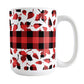 Buffalo Plaid Leaves Fall Mug (15oz) at Amy's Coffee Mugs. A ceramic coffee mug designed with a pattern of leaves with a red and black buffalo plaid pattern and a buffalo plaid stripe across the center over the leaves. This design wraps around the mug to the handle.