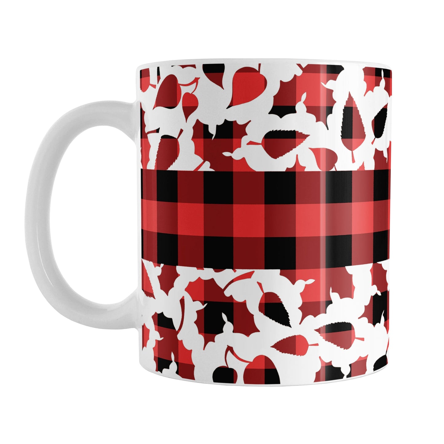 Buffalo Plaid Leaves Fall Mug (11oz) at Amy's Coffee Mugs. A ceramic coffee mug designed with a pattern of leaves with a red and black buffalo plaid pattern and a buffalo plaid stripe across the center over the leaves. This design wraps around the mug to the handle.