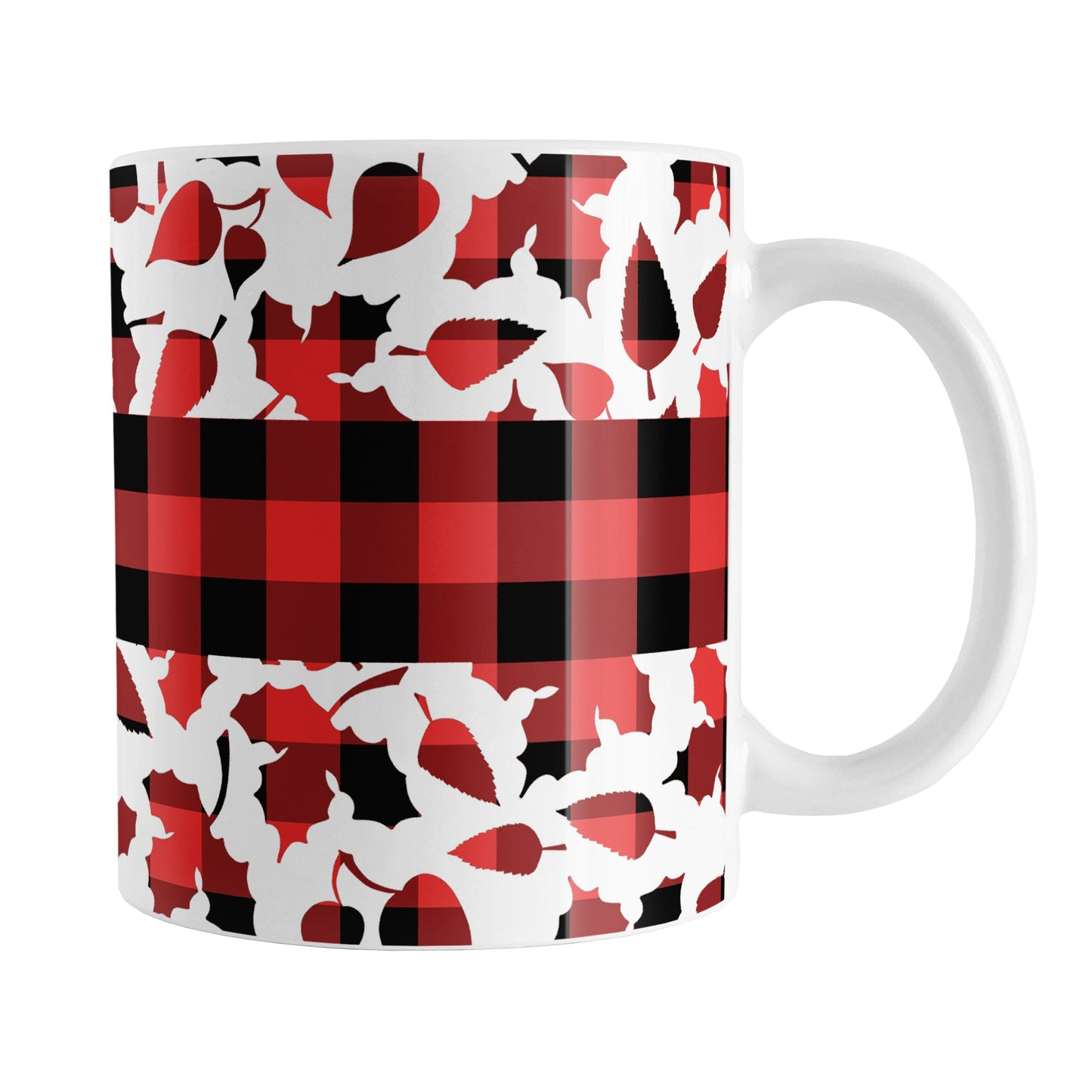 Buffalo Plaid Leaves Fall Mug (11oz) at Amy's Coffee Mugs. A ceramic coffee mug designed with a pattern of leaves with a red and black buffalo plaid pattern and a buffalo plaid stripe across the center over the leaves. This design wraps around the mug to the handle.