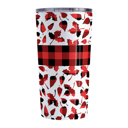Buffalo Plaid Leaves Fall Tumbler Cup (20oz) at Amy's Coffee Mugs. A stainless steel insulated tumbler cup designed with a pattern of leaves with a red and black buffalo plaid pattern that wraps around the cup. There is a buffalo plaid stripe over the middle area of the leaves.