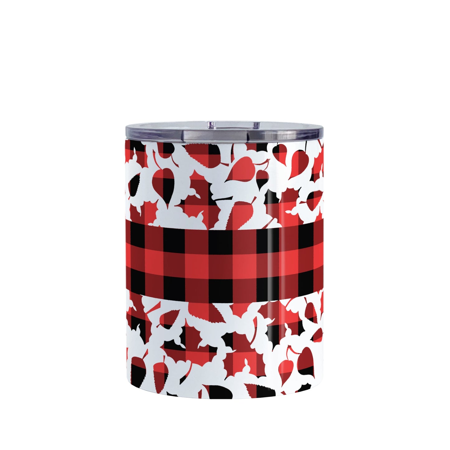 Buffalo Plaid Leaves Fall Tumbler Cup (10oz) at Amy's Coffee Mugs. A stainless steel insulated tumbler cup designed with a pattern of leaves with a red and black buffalo plaid pattern that wraps around the cup. There is a buffalo plaid stripe over the middle area of the leaves.